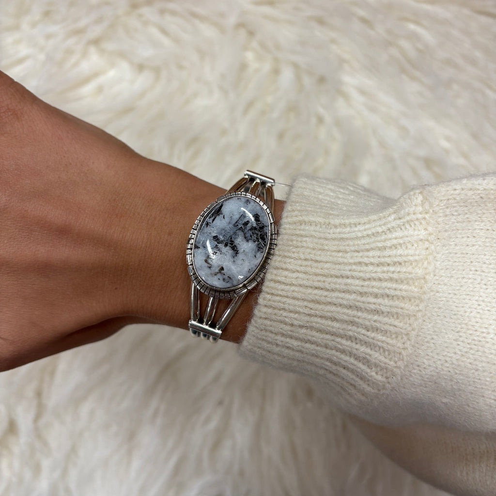 Sterling silver cuff with large white buffalo oval stone 