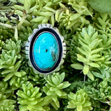Kingman Turquoise Oval ring with silver band on green foliage