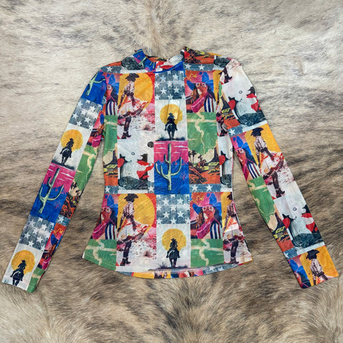 Colorful contrast mesh top filled with retro western pictures 