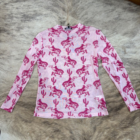 Light pink mesh top with dark pick velvet cactus and bronc designs 