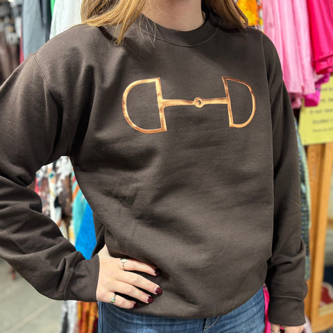 Dark brown crewneck with one large copper bit on the front 