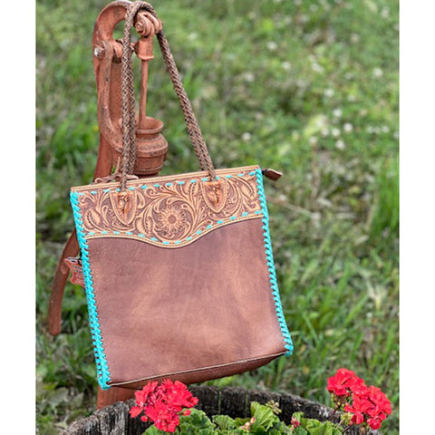 Leather Tooled and Stitched Tote