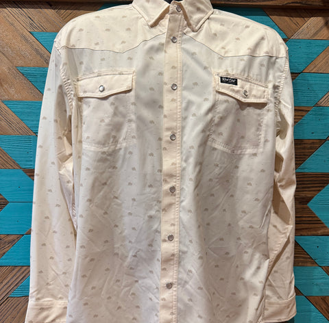 Peach colored long sleeve pearl snap shirt with small armadillo print. Shirt has double chest snap flap pockets. 