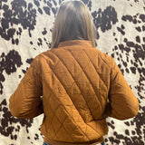 Back view of model wearing jacket, diamond quilted design.