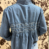 Back of the shirt, white detailing wraps around to the back of the shirt.