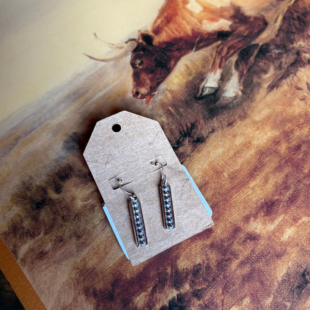 Earring are silver vertical bars with silver studs going down the middle, they are laying on a western designed table. 