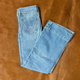 Flat lay view of jeans folded in half vertically and legs are folded over to make a "V" shape. Back pockets have a light pink "W".
