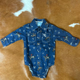 Flat lay view of a long sleeve navy onesie with retro bronc designs and white brand designs. Onesie has two front pockets and pearl snap closures. 
