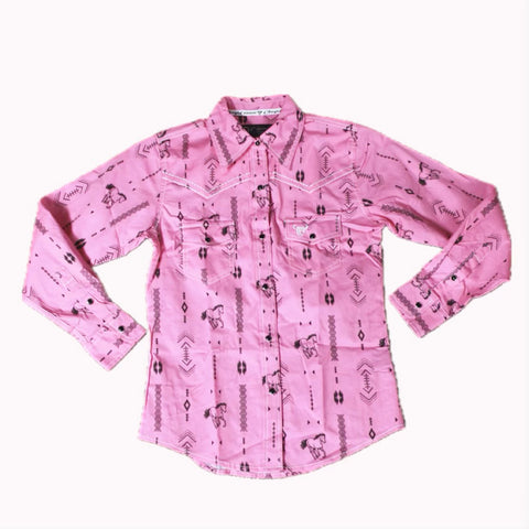 Flat lay of hot pink long sleeve shirt with black Aztec prints and horses for design. 