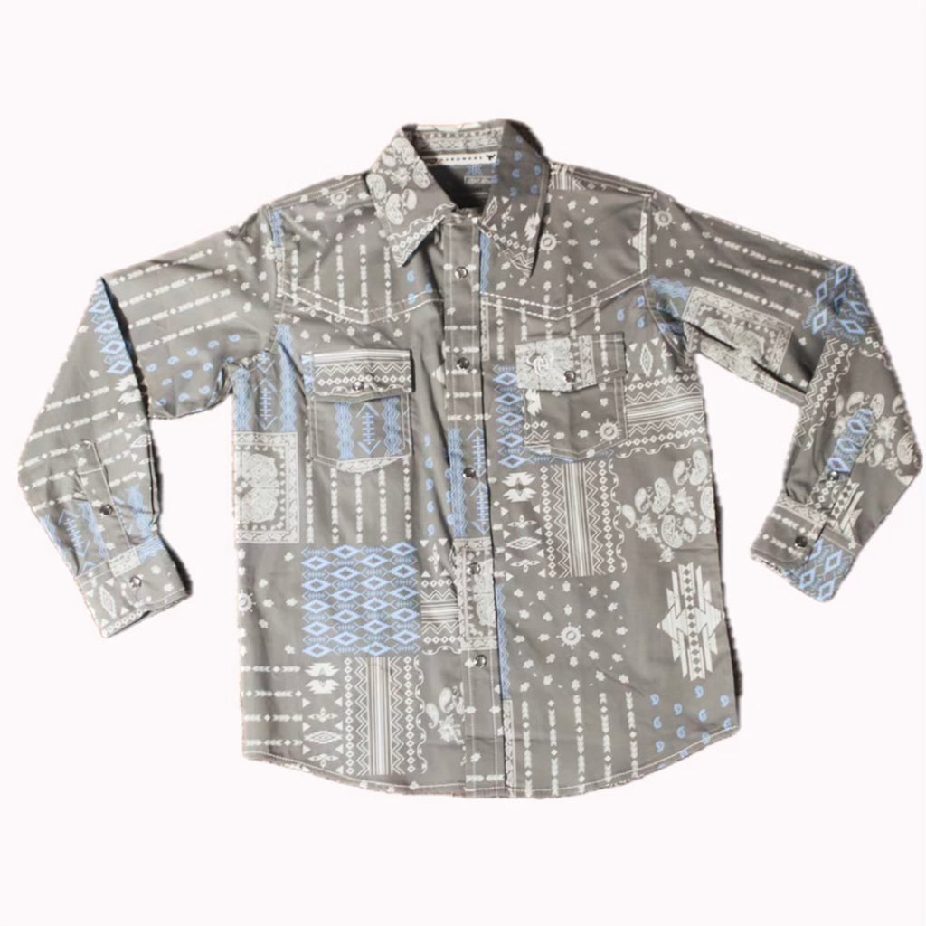 Flat lay of light grey long sleeve shirt with white and light blue Aztec and paisley bandana print.