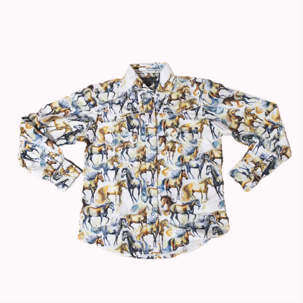 Flat lay of white long sleeve button up shirt with grey and yellow wild horses.