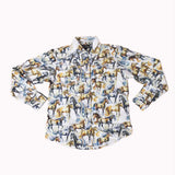 Flat lay of white long sleeve button up shirt with grey and yellow wild horses.