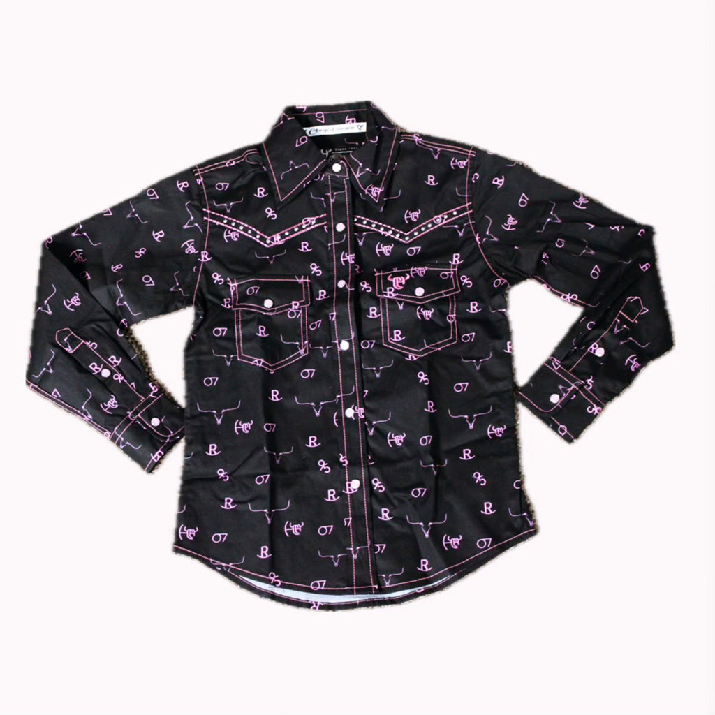 Flat lay of black long sleeve shirt with pink brand iron designs. 