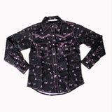 Flat lay of black long sleeve shirt with pink brand iron designs. 