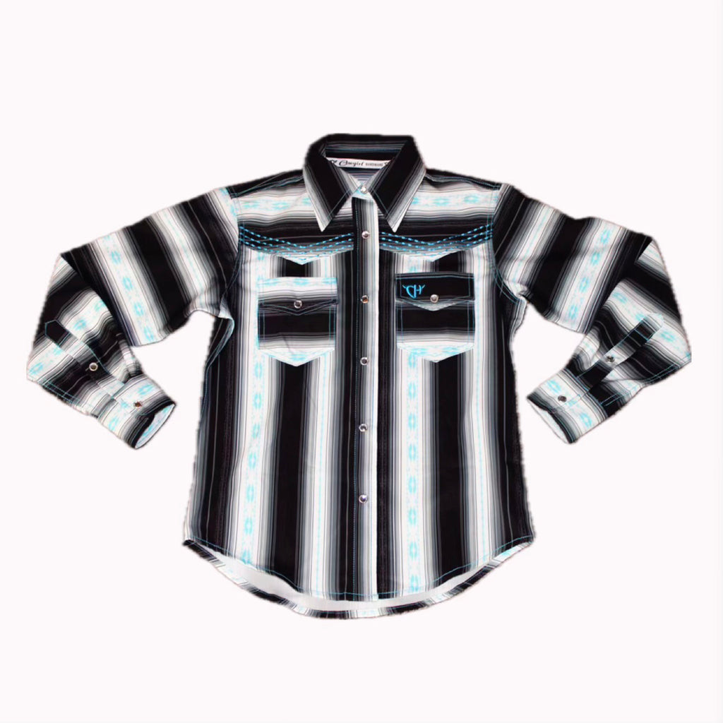 Flat lay of long sleeve shirt with a vertically striped pattern of blue, grey, white, and blue serape accents.