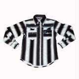 Flat lay of long sleeve shirt with a vertically striped pattern of blue, grey, white, and blue serape accents.