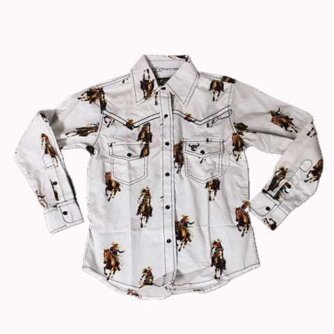 Flat lay of a white long sleeve shirt that has vintage cowgirl prints on it. 
