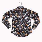 Flat lay of black long sleeve shirt with Palamino and Grey horses with pink flowers.