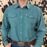 Blue long sleeve pearl snap shirt with a diamond print.