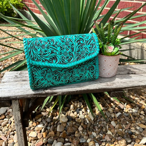 Turquoise Fully Tooled/Whipstitch Clutch