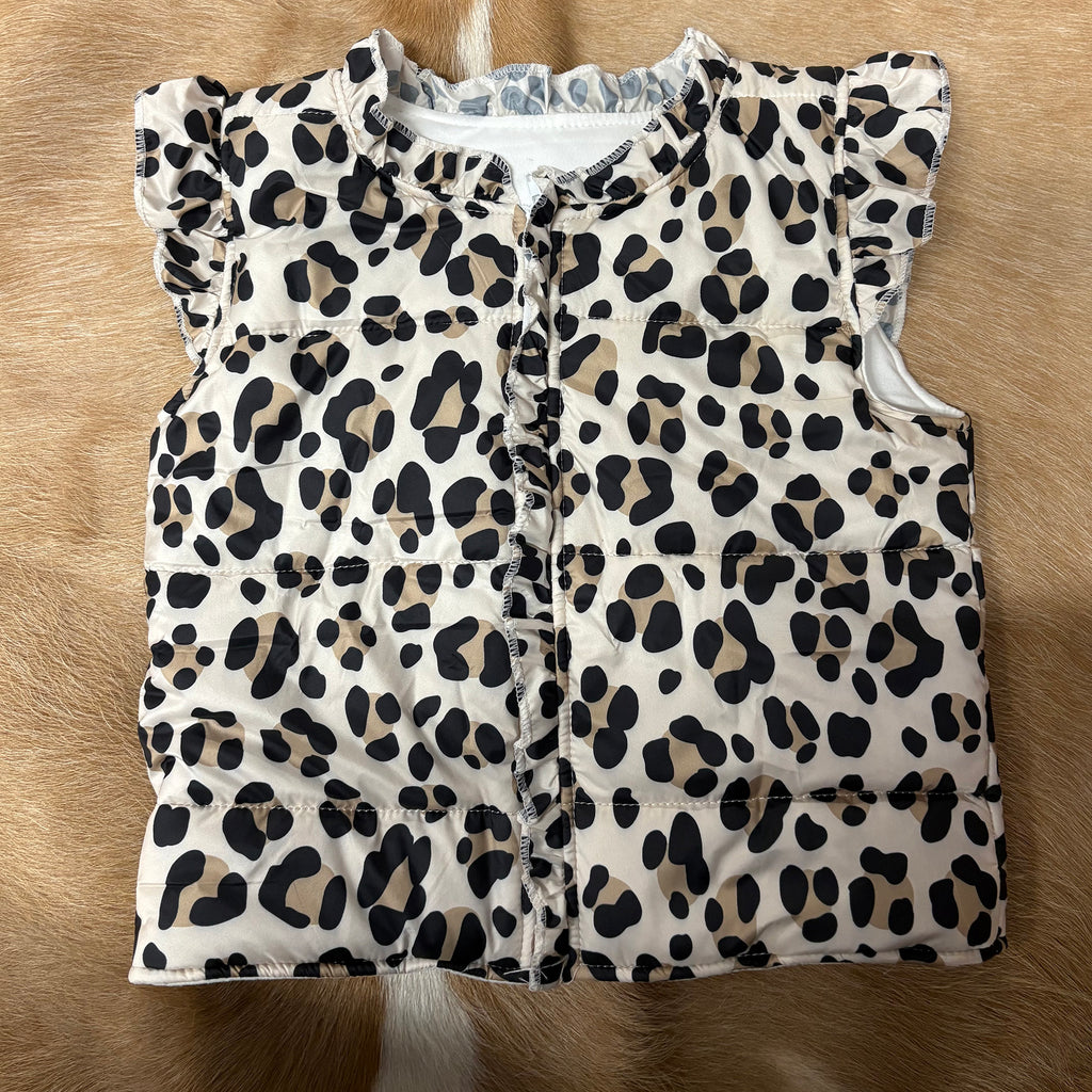 Flat lay of girls leopard print vest, sleeves, collar, and zipper flap have ruffles.