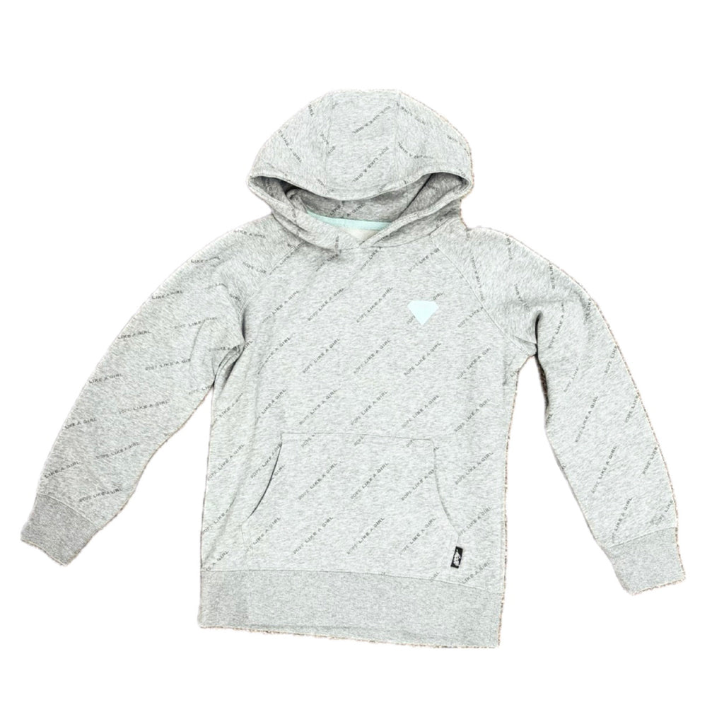 Flat lay of grey hoodie with dark grey print that says "Rope Like A Girl" and a light blue patch of the chest in the shape of a diamond.