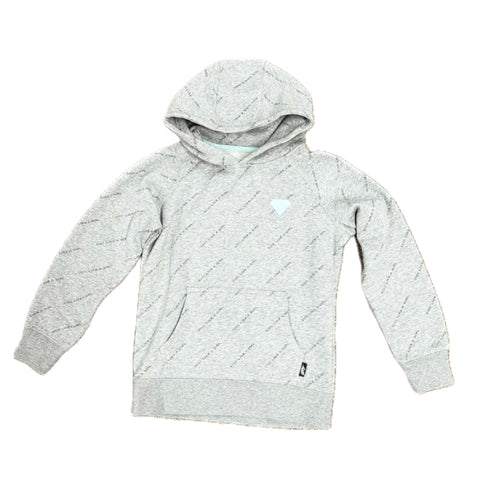 Flat lay of grey hoodie with dark grey print that says "Rope Like A Girl" and a light blue patch of the chest in the shape of a diamond.