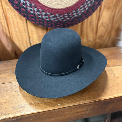 Black felt cowboy hat with a round crown and flat brim. 