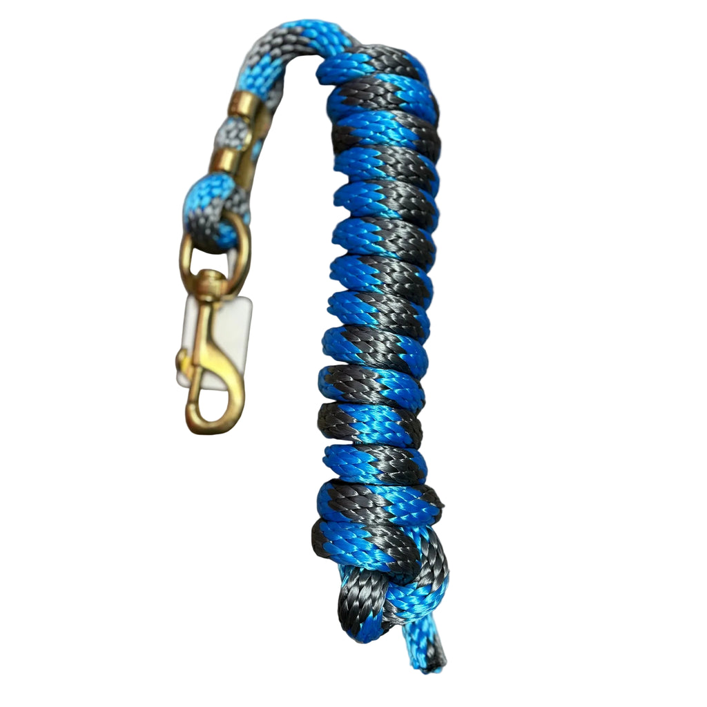 Coiled up view of grey and blue lead rope. 