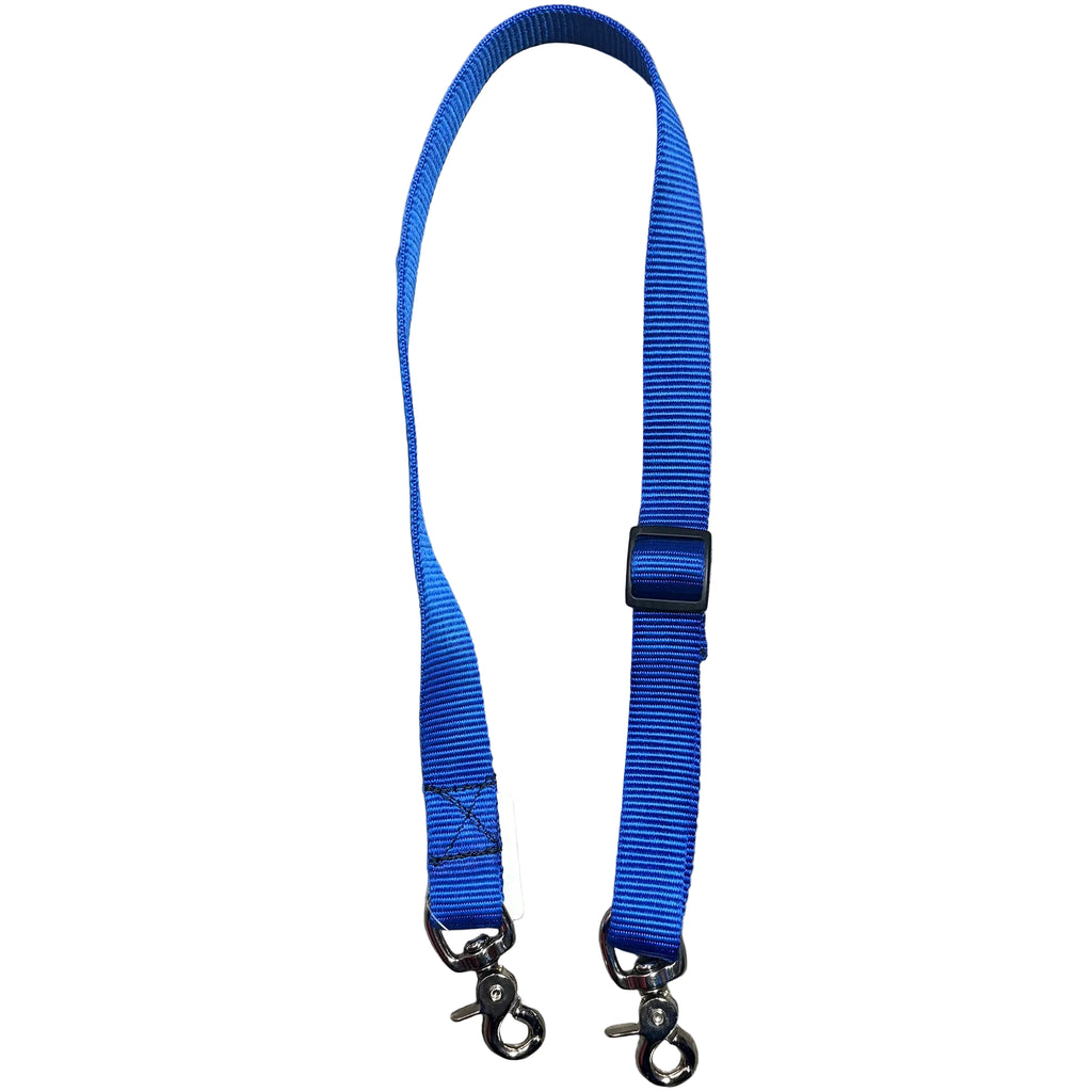 Flat lay view of blue tiedown strap. 