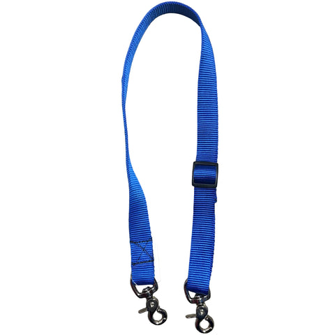 Flat lay view of blue tiedown strap. 