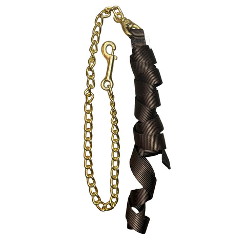 Flat lay of coiled up lead rope with chain. 