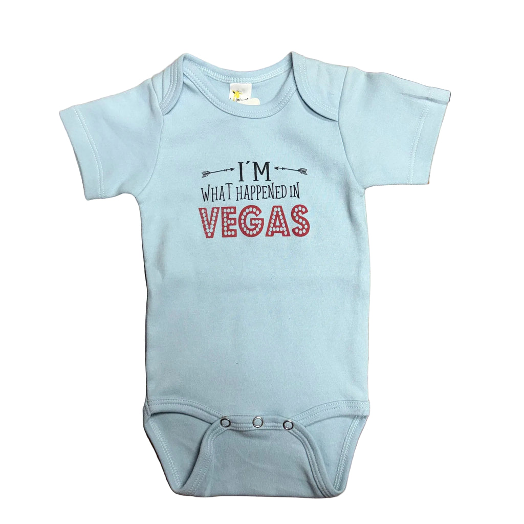 Flat lay of light blue baby onesie.