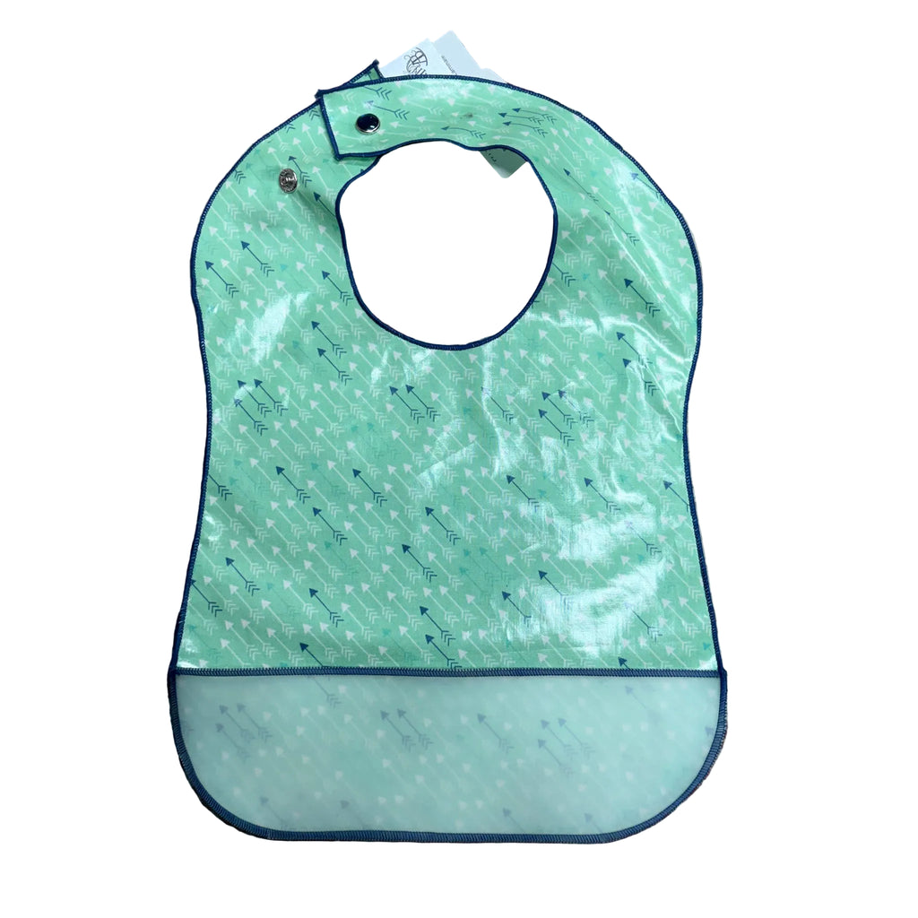 Flat lay view of teal baby bib.