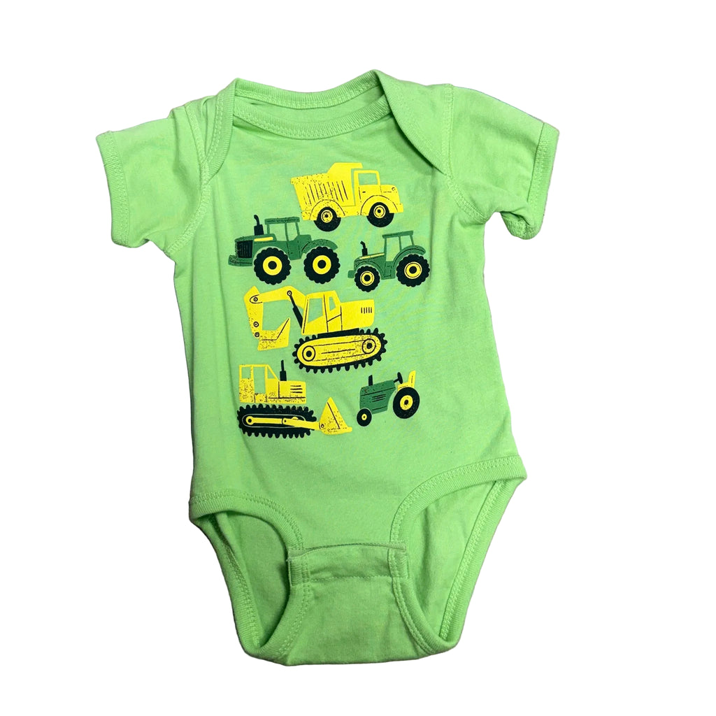 Flat lay of green John Deere Onesie. 
