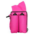 Flat lay of left side of the horn bag, it has two water bottles and two water bottle compartments. 
