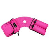 Flat lay view of entire pink horn saddle bag. 
