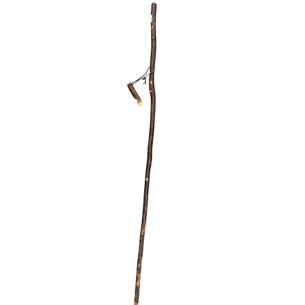 Vertical wooden hiking stick with hanging whistle laying next to it. 