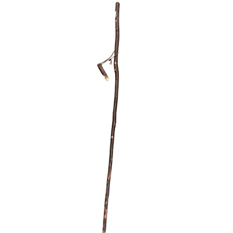 Vertical wooden hiking stick with hanging whistle laying next to it. 