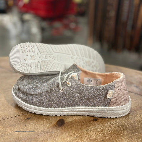 Side view and bottom side view of Wendy Rose Gold Shoes. 