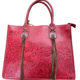 Front side view of scarlet red angelstone ridge purse. 