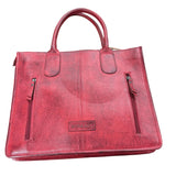 Back side view of scarlet red angelstone ridge purse. 