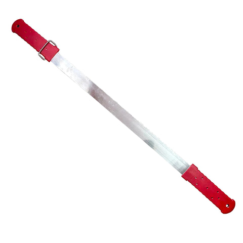Diagonally laid shedding blade with red handles. 