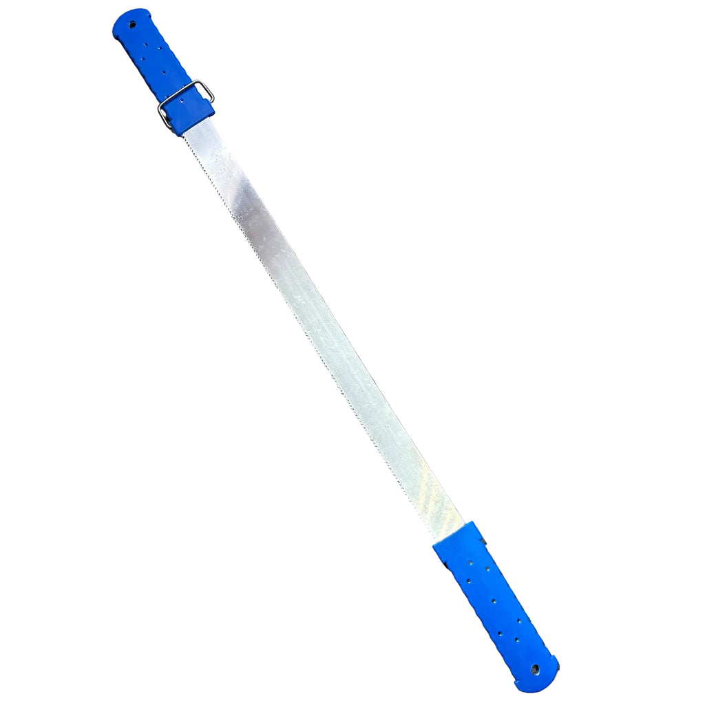 Diagonally laid blue serrated shedding blade. 