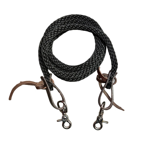 Coiled up view of the black nylon reins. 