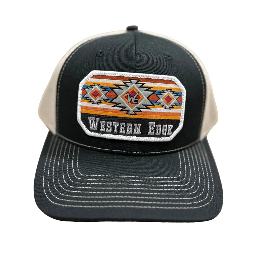 Front side view of black and khaki Western Edge cap.