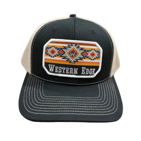 Front side view of black and khaki Western Edge cap.