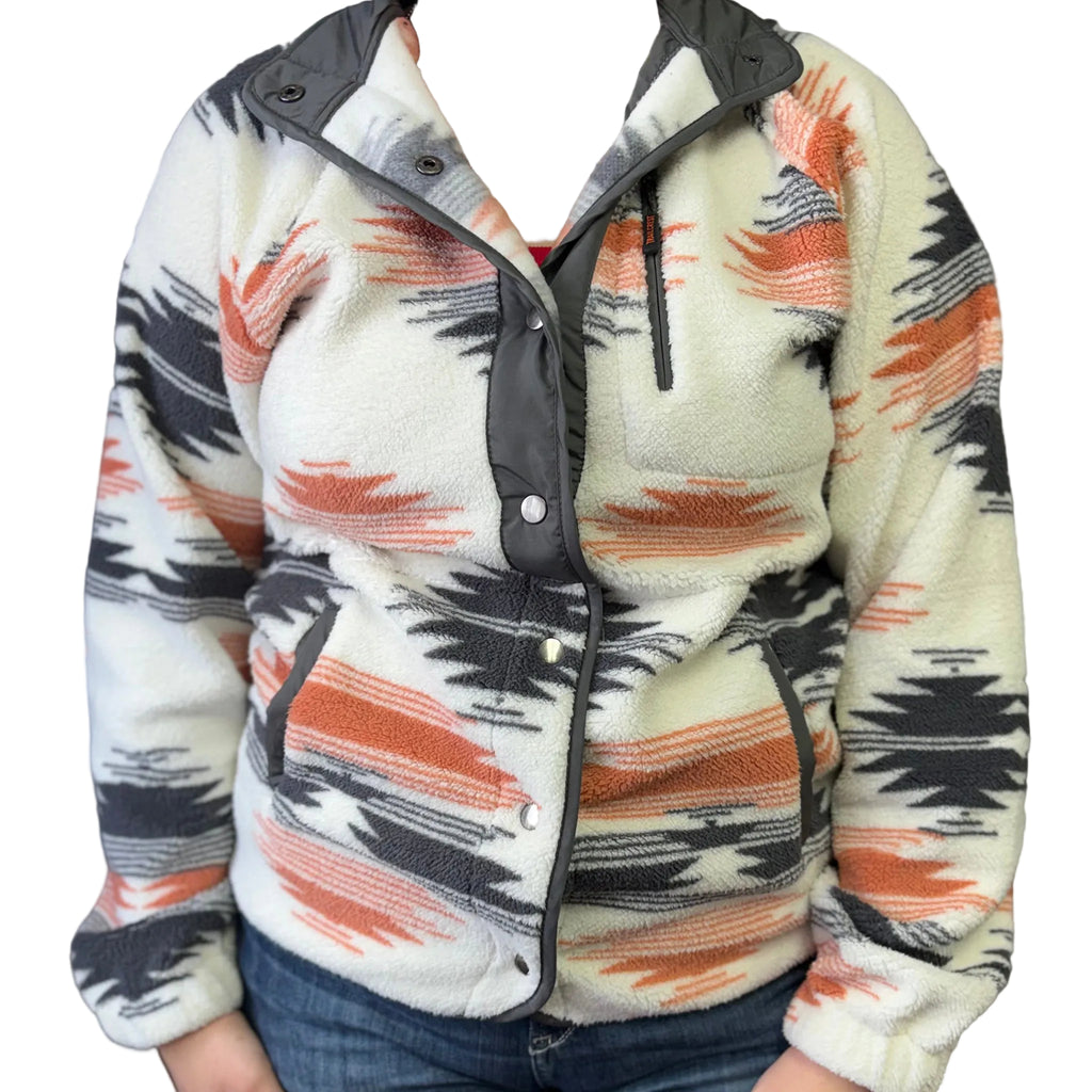 Front side view of cream, pink, and grey sherpa. 