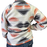 Back side view pf cream, pink, and grey sherpa jacket.