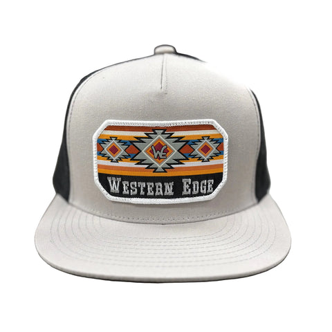 Front side view of silver and black Western Edge cap. 